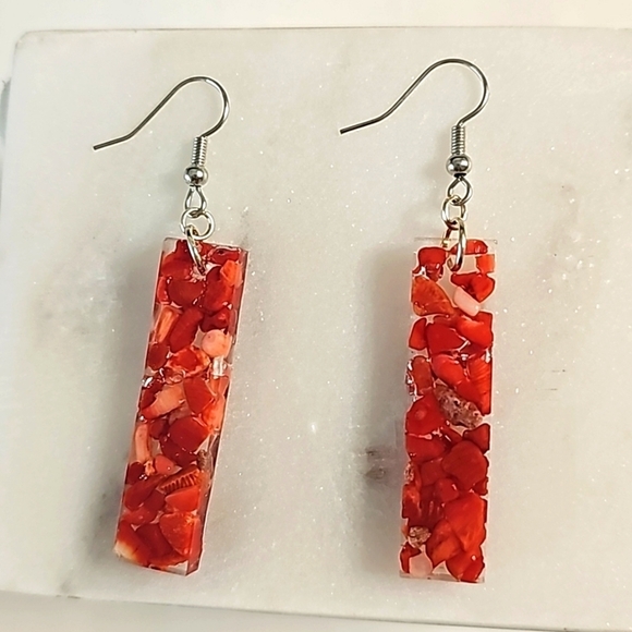 Geometric Rectangle Bamboo Coral Earrings - Picture 3 of 4